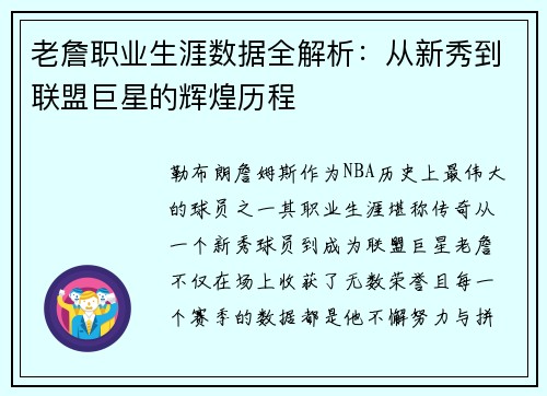 老詹职业生涯数据全解析:从新秀到联盟巨星的辉煌历程 老詹职业生涯数据全解析:从新秀到联盟巨星的辉煌历程