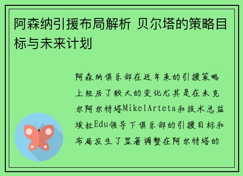 阿森纳引援布局解析 贝尔塔的策略目标与未来计划