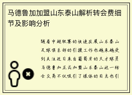 马德鲁加加盟山东泰山解析转会费细节及影响分析 马德鲁加加盟山东泰山解析转会费细节及影响分析