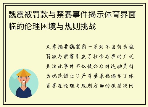 魏震被罚款与禁赛事件揭示体育界面临的伦理困境与规则挑战